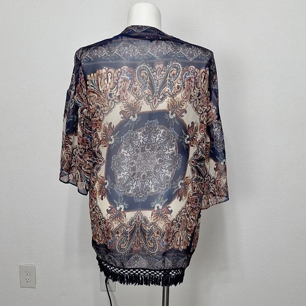 Umgee Blue Tan Bohemian 3/4 Wide Sleeve Boho Hippie Fringe Kimono Size S/M